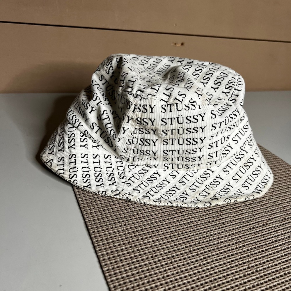 Stussy All Over Print Corduroy Bucket Hat White Black Logo Mens M/L